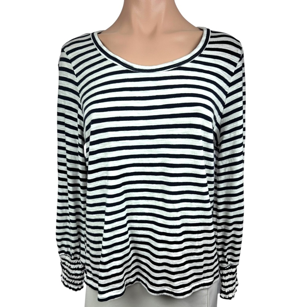 Chico's Sz 1 /M Pullover Top Blouse Black & White Stripe Cotton/Modal Long Sleev